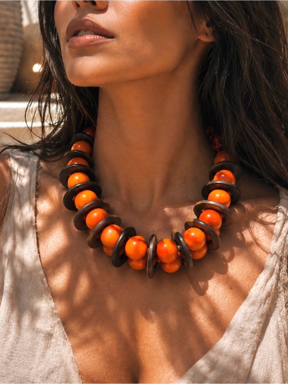 NWT Chunky Beaded Orange Wood Statement Necklace on Genuine Leather Cord
